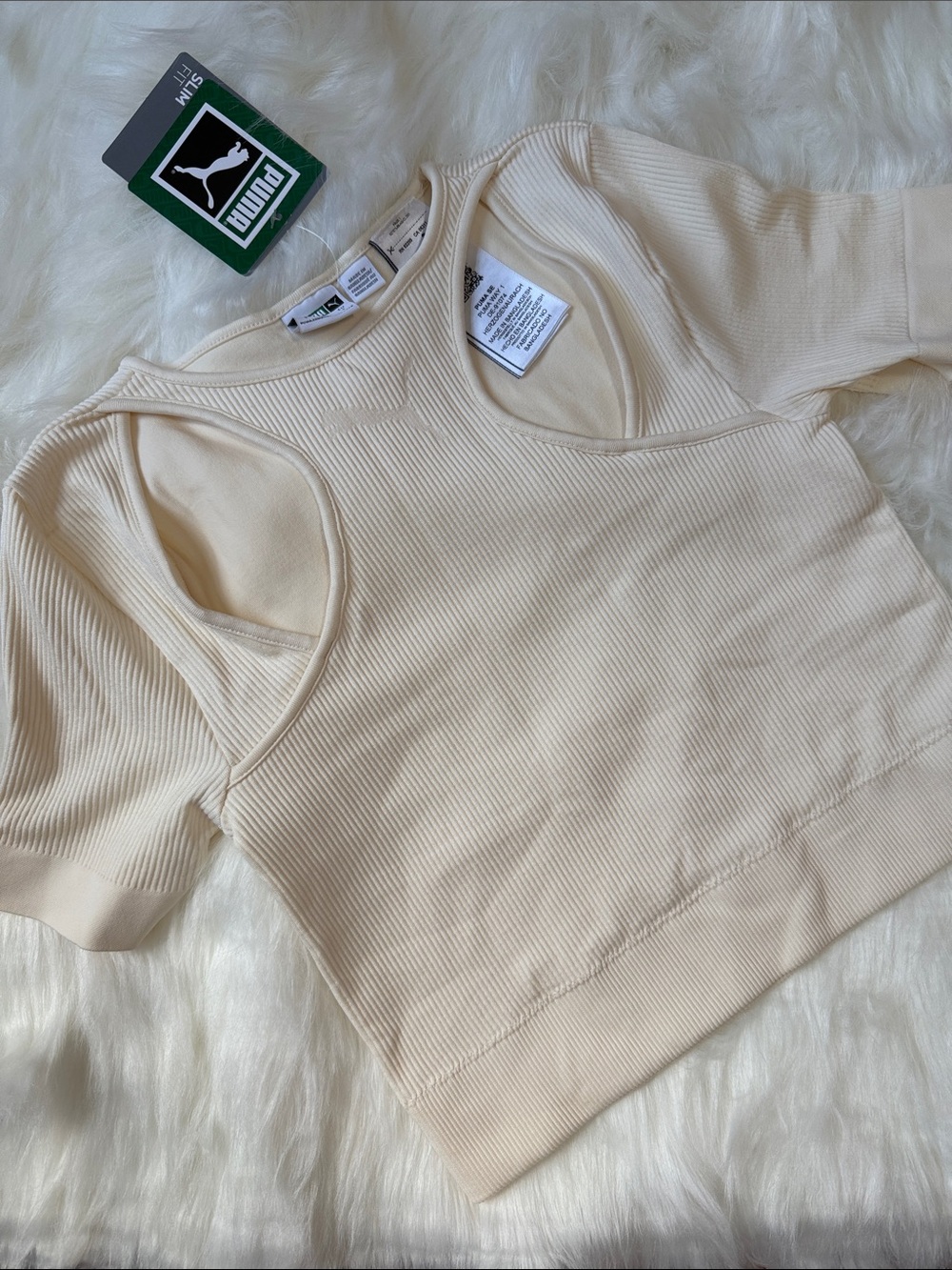 Puma Women's Cream Ribbed Short Sleeve Cutout Top and Shorts
